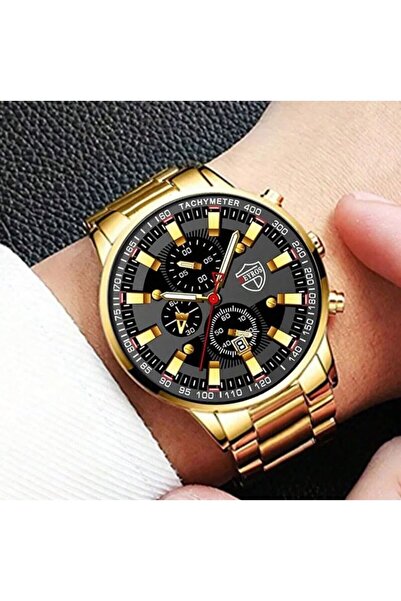 REDz Accessories Σετ Δώρου 3 Αξεσουάρ, Ρολόι + Βραχιόλι + Αλυσίδα, για Άνδρες, Elegant Model Deyros, Χρυσό και Μαύρο