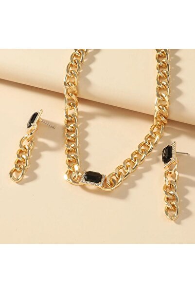 REDz Accessories Σετ δώρου με σκουλαρίκια και αλυσίδα, γυναίκες, κουβανέζικο μοντέλο, μαύρη πέτρα, μεταλλικό, χρυσό