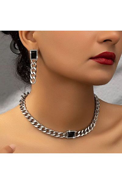 REDz Accessories Set cadou cercei și lanț, femei, model cubanez, piatră neagră, metalic, argintiu