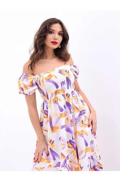 lovebox New Season Poplin Fabric Print Off-the-shoulder Short Sleeve Summer Dress Beach Dress 5525