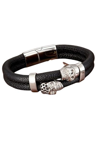 REDz Accessories Brățară cu craniu dublu, bărbați, piele naturală, negru-argintiu