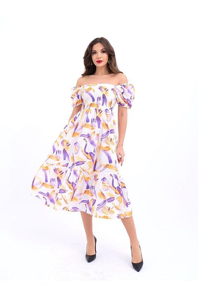 lovebox New Season Poplin Fabric Print Off-the-shoulder Short Sleeve Summer Dress Beach Dress 5525