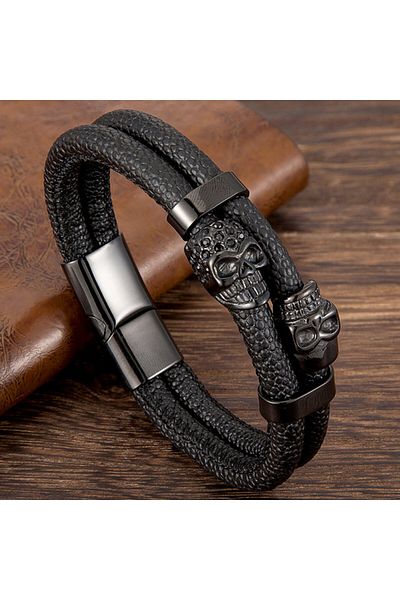 REDz Accessories Brățară cu craniu dublu, bărbați, piele naturală, negru-negru
