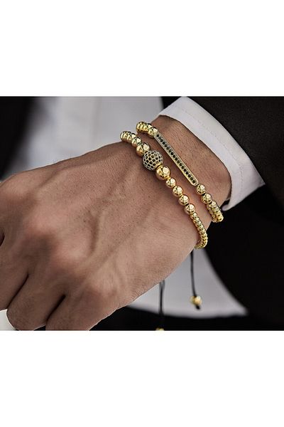 REDz Accessories Set Of 2 Bracelets With Metal Beads, Sphere And Rod, Zirconium Crystals, Gold
