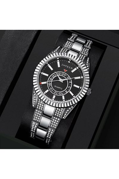 REDz Accessories Lion 3 in 1 Set, Watch + Lion Bracelet + Cuban Bracelet, Rhinestones, Metal, Silver and Black