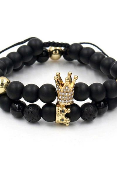 REDz Accessories Set de 2 brățări negre, model King/Queen, zirconiu cubic, elemente aurii
