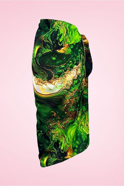 pistore Green Black Marbling Patterned Long Pareo Satin Women's Beach Dress New Season