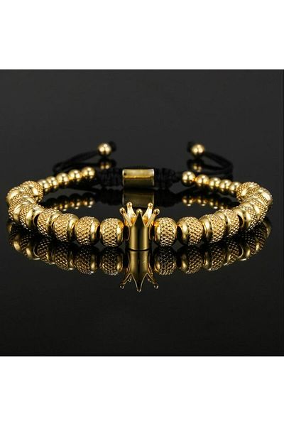 REDz Accessories Royal Bracelet, Men, Crown Pendant, Metal Beads, Gold