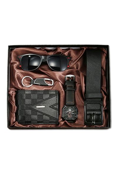 REDz Accessories Gift Set 5 Accessories, Men, Watch And Wallet, Classic Business Model, Leather Look, Black