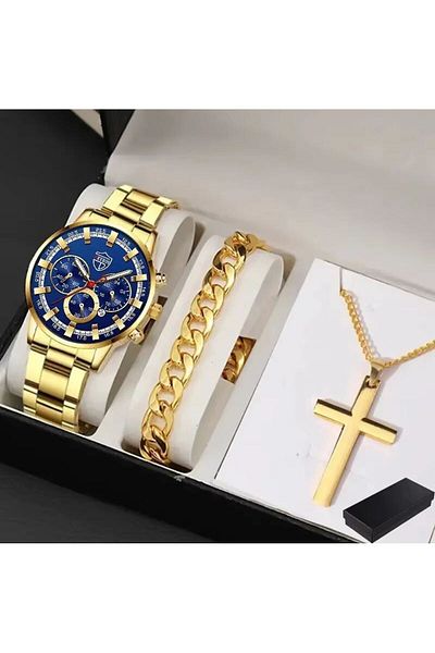 REDz Accessories Set cadou 3 accesorii, ceas + brățară + lanț, pentru bărbați, model elegant Deyros, auriu și albastru