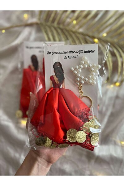 PD GRUP Kırmızı Gold Pullu Halay Mendili ve İnci Yıldız Anahtarlık Gelin Kına...