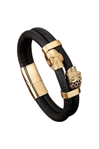 REDz Accessories Double Skull Bracelet, Men, Genuine Leather, Black-gold