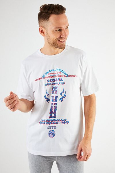 Diesel Men Crew Neck Short Sleeve Graphic Print T Shirt, White/blue Combo
