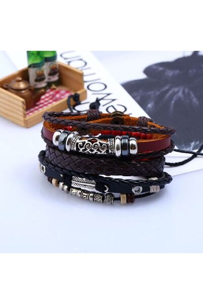 REDz Accessories Σετ 4 Vintage Βραχιόλια, με Πολλαπλό Λουράκι, Δερμάτινα, Καφέ/Κόκκινο