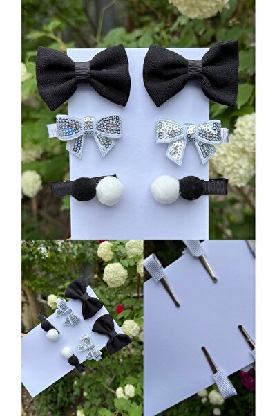 Toka Perisi Set de 6 agrafe pentru fetiță, negru, argintiu, cu fundă și pompon