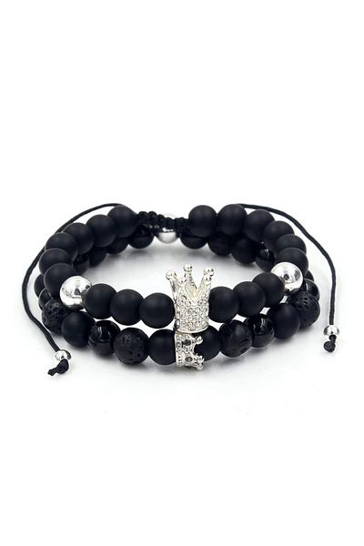 REDz Accessories Set de 2 brățări negre, King/Queen, zirconiu cubic, elemente din argint