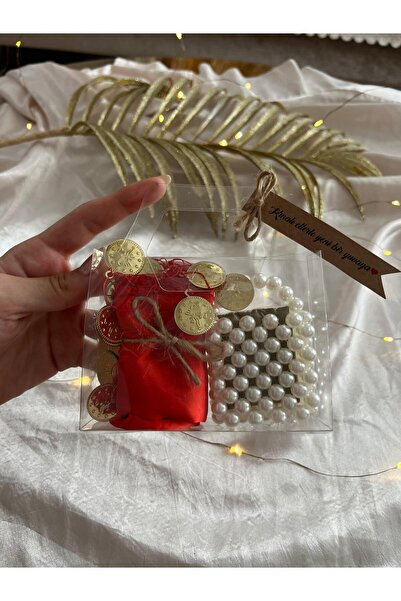 PD GRUP Asetat Çanta İçinde Kırmızı Gold Pullu Halay Mendili ve İnci Çantalı ...