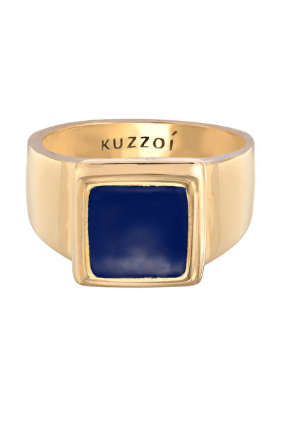 KUZZOI Ring Herren Siegelring Quadratisch Grob Blau mit Emaille in 925 Sterling Silber Vergoldet