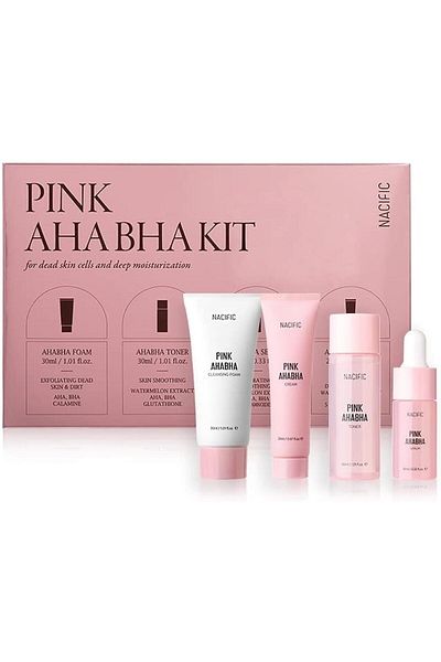 Nacific AHA BHA Skincare Set (Foam, Toner, Serum, Cream) Travel Size, Pink