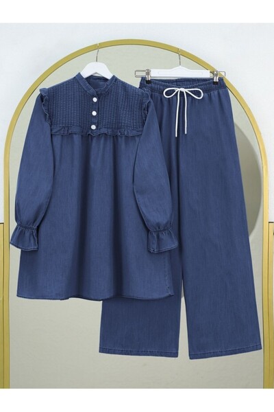 Esre Store 4518 - Yumuşak Kot Tesettür İkili Takım Mavi