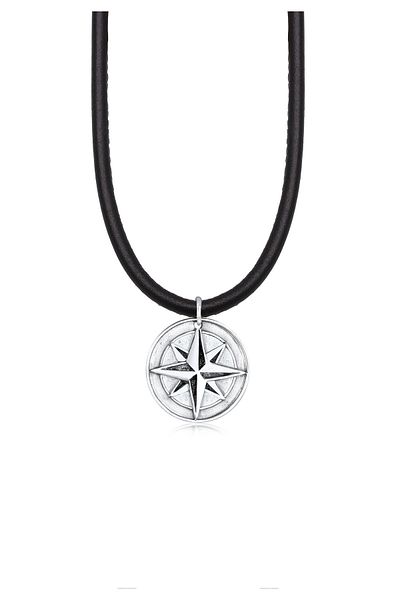 KUZZOI Necklace Herren Lederkette Kompass Anhänger 925er Silber