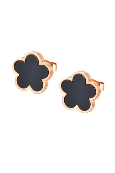 REDz Accessories Flower Earrings With Black Decoration, Screw Closure, For Women, Fashion, Rose-gold