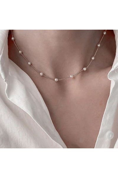 REDz Accessories Colier coreean cu perle, femei, perle, oțel inoxidabil, argint