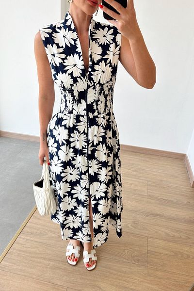 Suzi Corsetted Waist Padded Flower Patterned Dress 1028