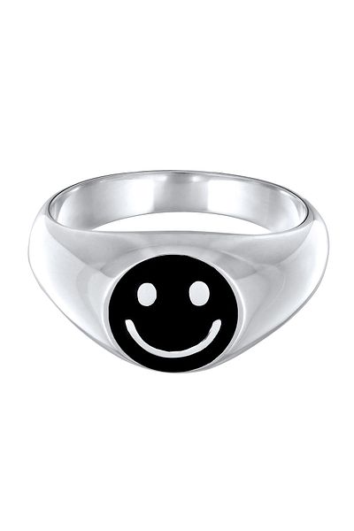 KUZZOI Ring Herren Siegelring mit lächelndem Gesicht und Emaille schwarz aus 925 Sterling Silber
