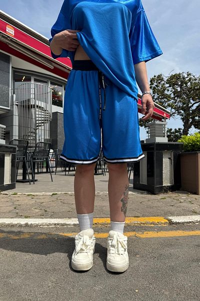 Jr.Crime Stripe Detail Blue Couture Mesh Shorts