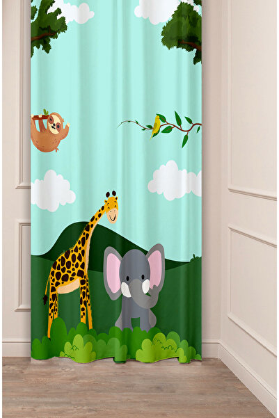 GREENDECOR Girafă, elefant, pădure, copac, design special, modelat digital, cu imprimeu (un singur aripă), perdea elegantă pentru cameră pentru copii
