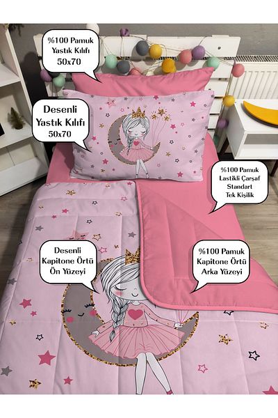 yok yok evim eve dair her şey Set cuvertură de pat de o persoană roz matlasat Moon And Girl 4 piese (100% BUMBAC 100X200 CU Cearșaf elastic)