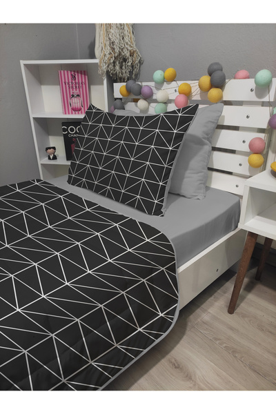 yok yok evim eve dair her şey Kapitone Gri Geometrik 4parça(%100PAMUK 100X200 LASTİKLİ ÇARŞAFLI) Tek Kişilik Yatak Örtüsü Takımı
