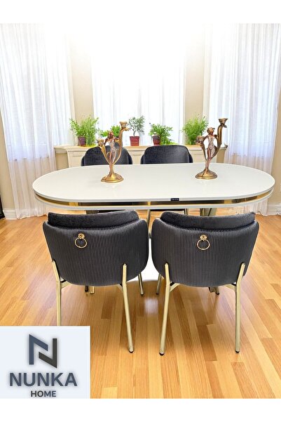 NUNKA HOME 4 Kişilik Arya Gold Line BabyFace Kumaş Mdf Lak Panel Beyaz Masa Takımı Modern Ve Şık