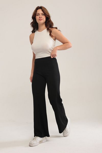 XORVİO Women's Black Wide Leg Modal Fabric Leggings Trousers Soft Textured Lycra Front Ribbed Wide Fit