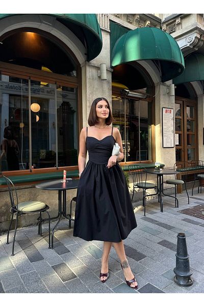 Stil Sepeti Women's Black Princess Collar Thin Straps Gipe Detailed Back Elastic Midi Dress Ely-1000526130