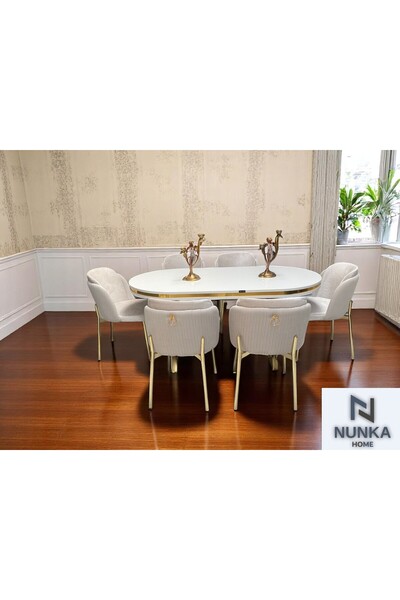 NUNKA HOME 6 Kişilik Arya Gold Line BabyFace Kumaş Mdf Lak Panel Beyaz Masa Takımı Modern Ve Şık