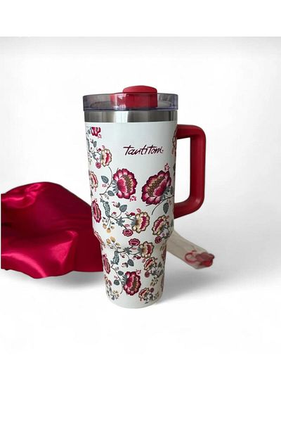 Tantitoni Stainless Steel Thermos Rose Patterned Glass with Straw 1.2 Lt