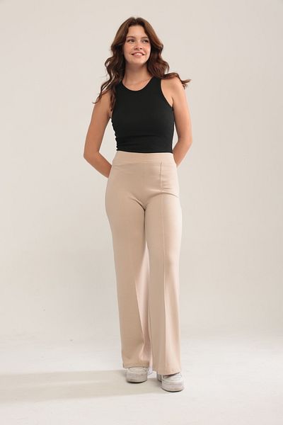 XORVİO Women's Beige Wide Leg Modal Fabric Leggings Trousers Soft Textured Lycra Front Ribbed Wide Fit