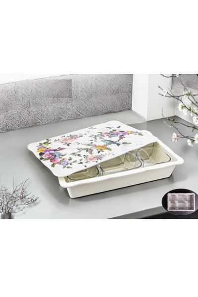Pinkev 6-Piece Glass Breakfast Bowl Set with Melamine Tray - Bird Patterned