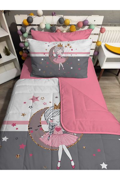 yok yok evim eve dair her şey Quilted Silicone Fiber Filled Girl Sitting on Moon 4 Pcs Single Bed Cover Fitted Sheet Set