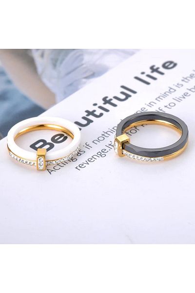 REDz Accessories Inel ceramic, pietre prețioase, femei, două culori, oțel inoxidabil, alb/auriu - mărimea 7 (59 mm)