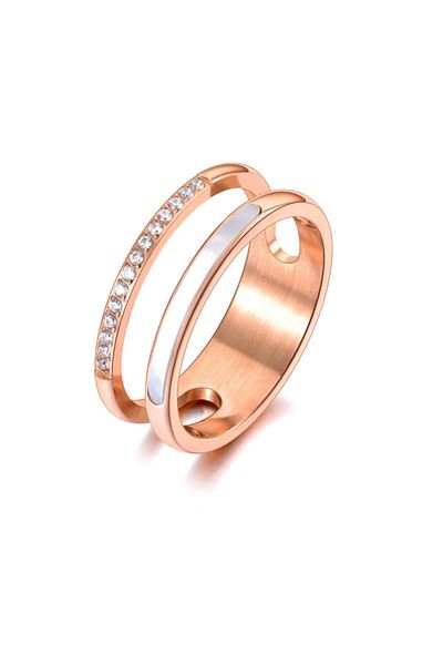 REDz Accessories Inel dublu cu sidef și cristale, oțel inoxidabil, auriu-roz/alb - mărimea 8 (62 mm)