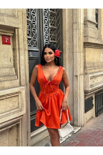 Stil Sepeti Rochie mini din satin pentru femei, cu decolteu în V, cu șireturi, cu umeri adunați, ELY-1000796120
