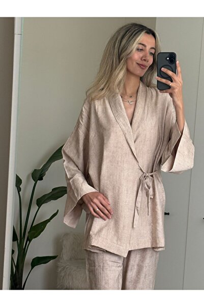 MODA طقم كيمونو كتان بيج للسيدات