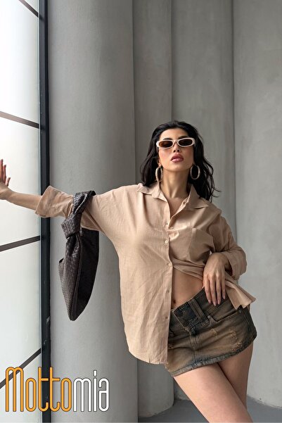 mottomia Women's Oversize Flared Linen Shirt – Summer, Single Pocket, Comfortable and Stylish Design