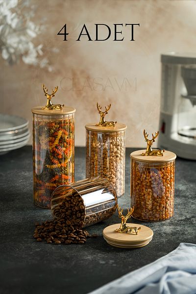 clasavm 4' Bamboo Lid Smoked Glass Jar with Deer Figure |   Smoked Color Glass Storage Container - Glass 4 Size Jars