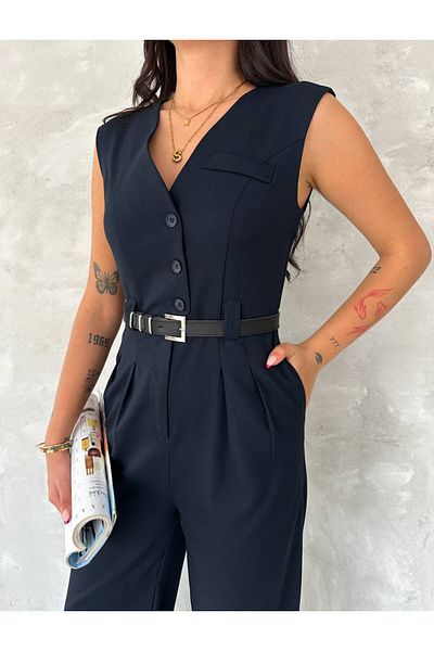 stilsepeti Women's Navy Blue V Neck Double Pocket Belt Detail Buttoned Jumpsuit Tl-100090021