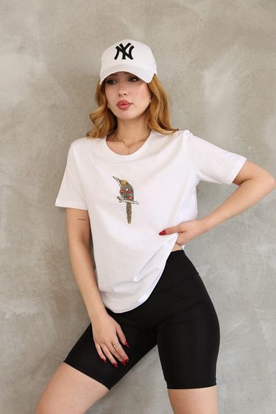 Denivy Stone Embroidered Bird Motif Basic T-Shirt Dnv-000099
