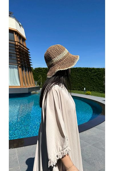 BALIENTE Camel Hand Knitted Straw Bucket Women's Hat